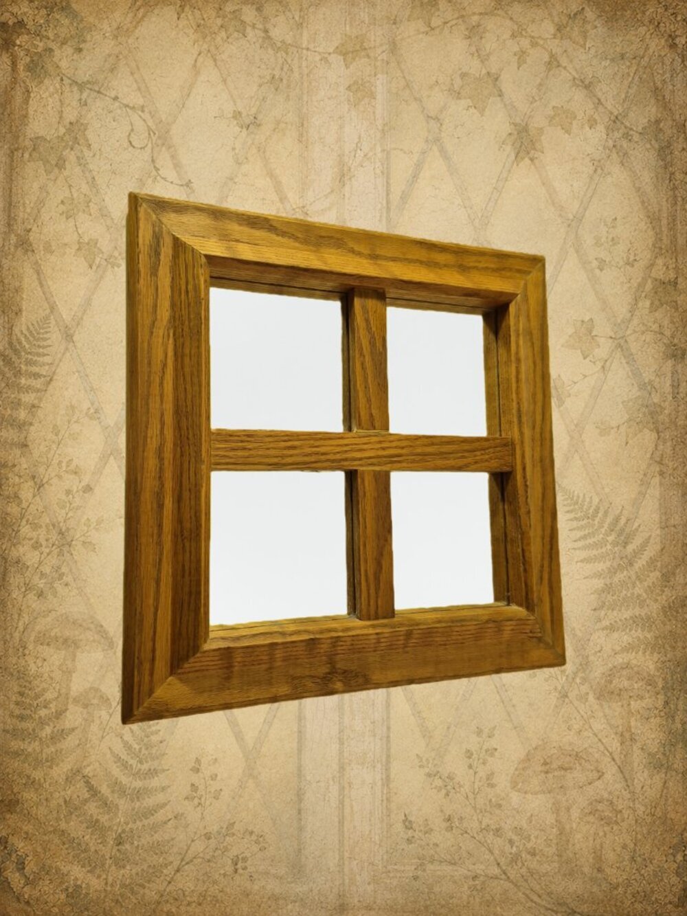 Vintage Solid Oak Square Wall Mirror 15" x 15" with 4 Window Panes